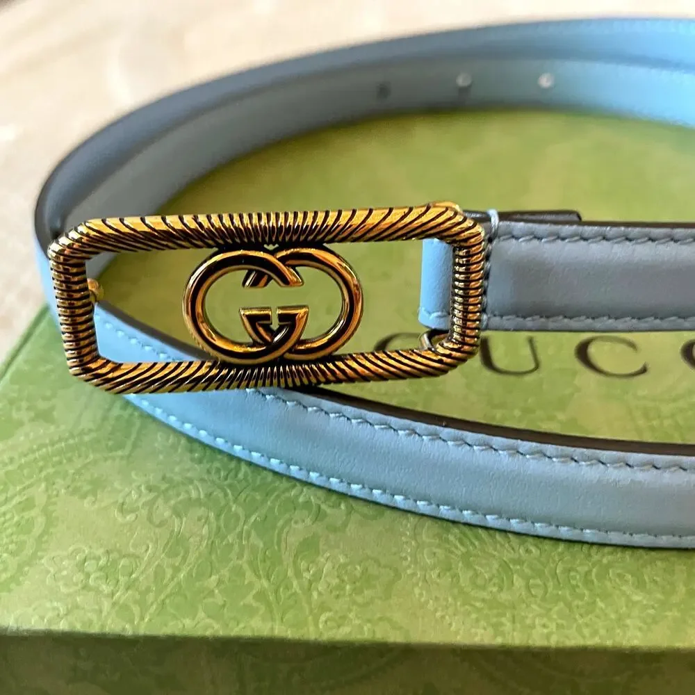 GUCCI Women's Thin Belt w/ Interlocking G Buckle Light Blue Leather SZ 90cm NEW